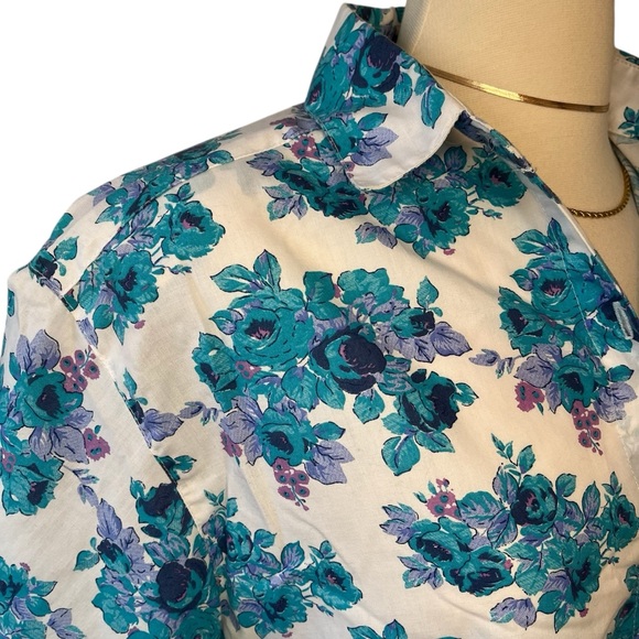 Vintage 90s floral print button down short sleeve shirt white blue M - Picture 7 of 16